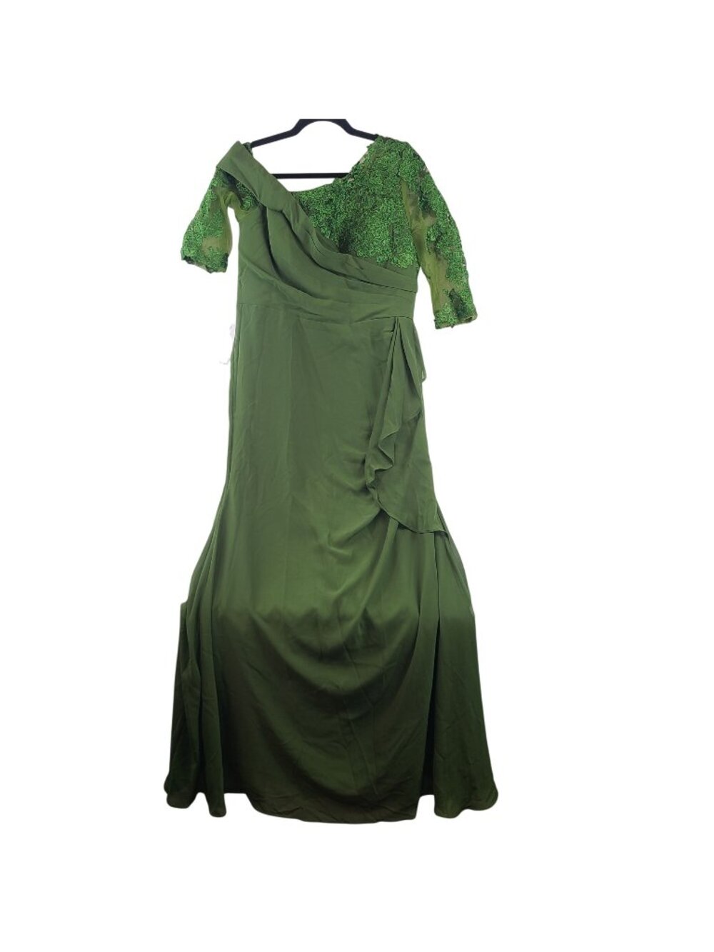 NEW Elegant Green One-Shoulder Evening Gown Lace Draped Skirt 3/4 Sleeves Sz M